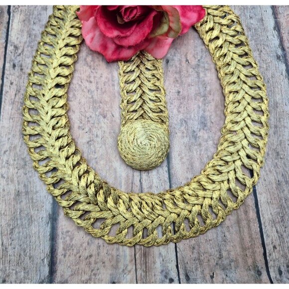 Vintage Rare Gold Tone Woven Wrap Jewelry Set Lay Flat Collar Necklace Bracelet - Picture 3 of 11